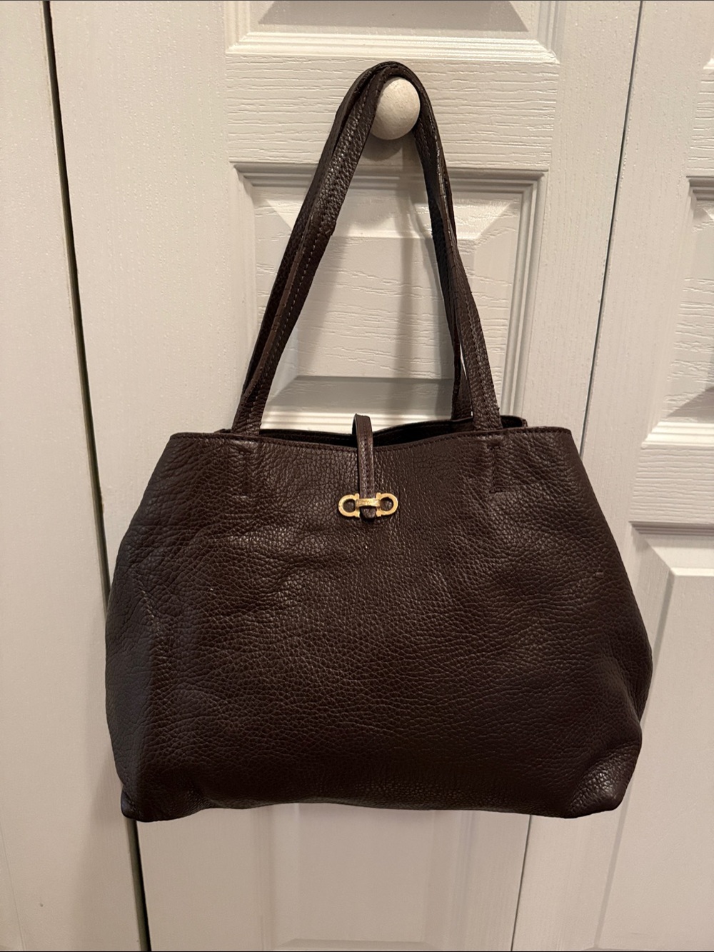 Salvatore Ferragamo Dark Brown Pebble Leather Tote with Gold Hardware